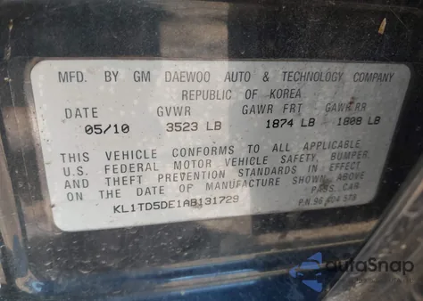 2010 Chevrolet Aveo Ls/Lt z USA, uszkodzony, nr VIN KL1TD5DE1AB131729